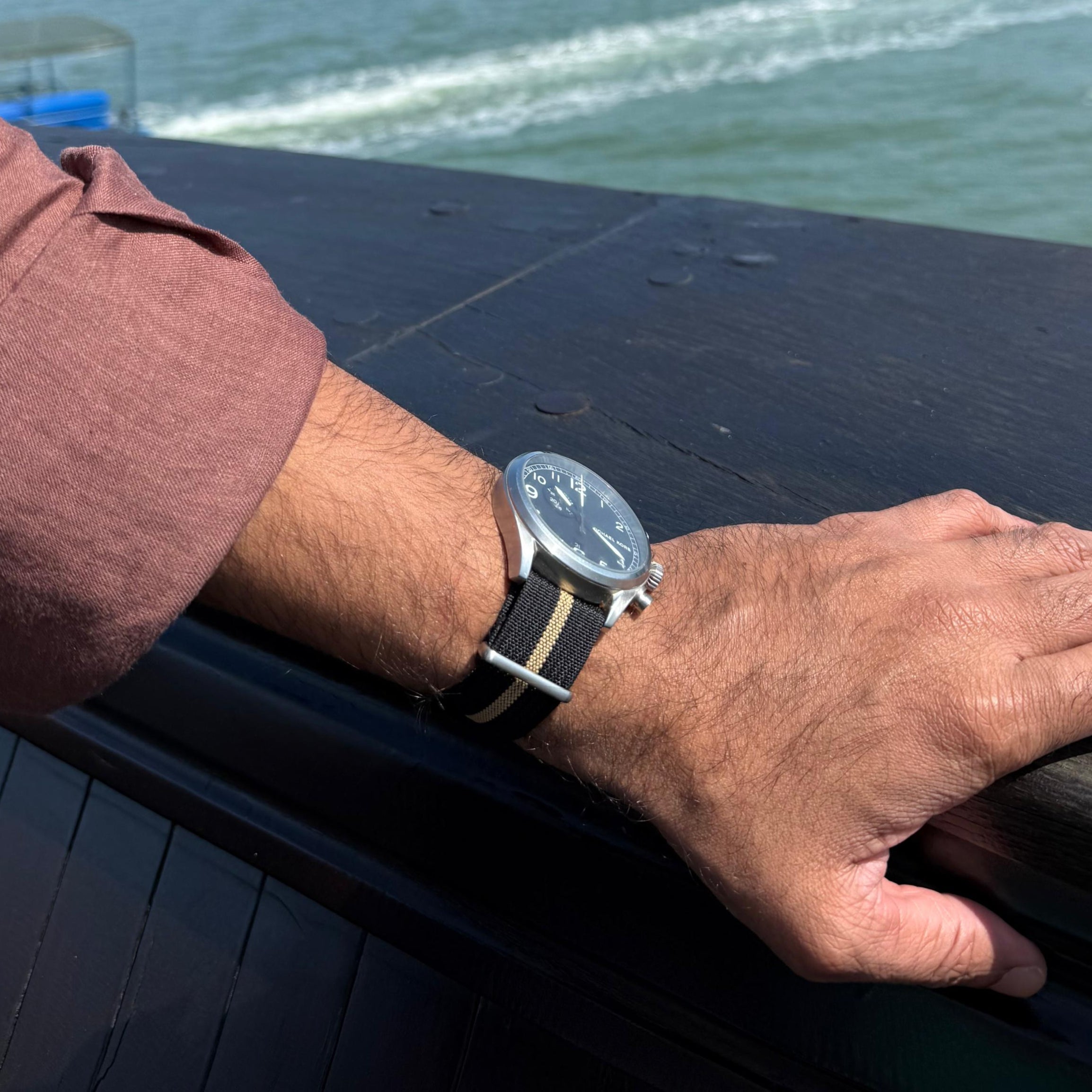 Striped Black Beige Classic NATO Strap